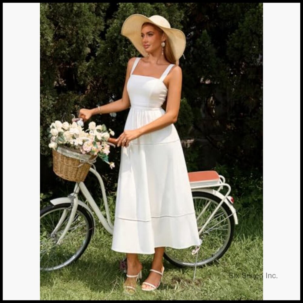 Summer Corset Midi Dress Elegant Square Neck Flowy A Line Wedding Guest - Picture 4 of 7